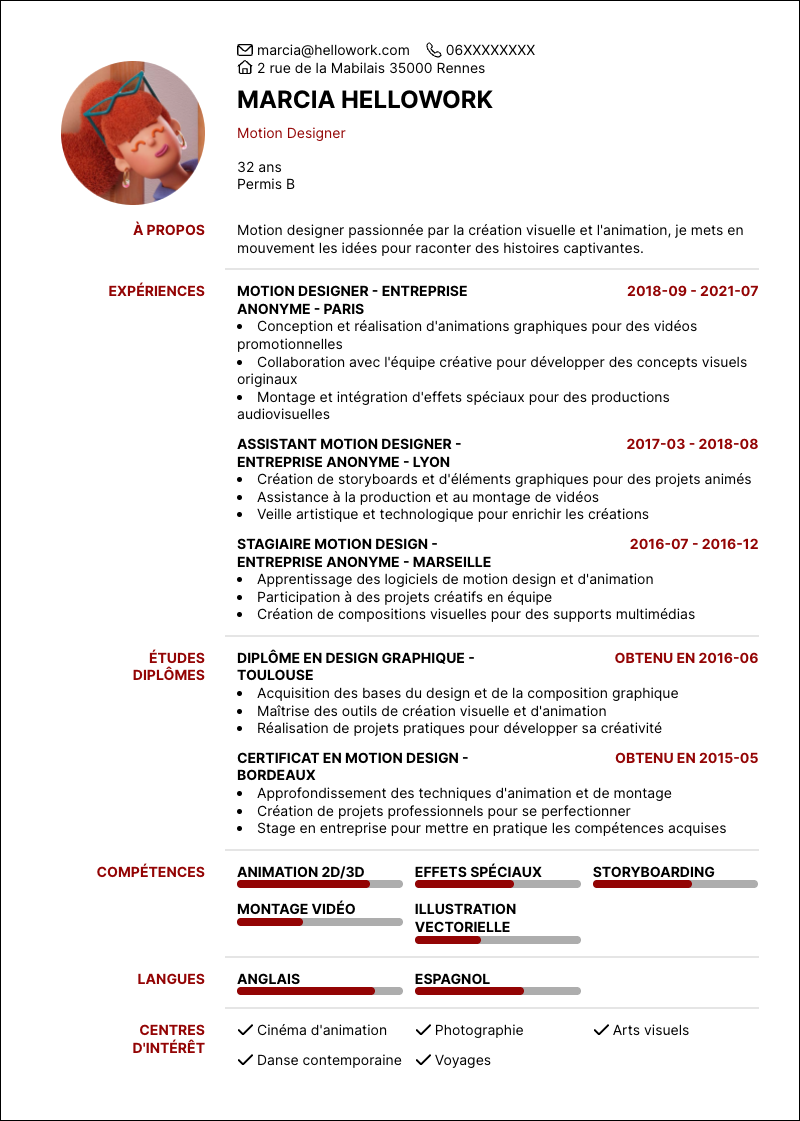 Modèle CV Motion designer Exemple CV Motion designer