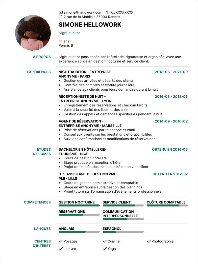 Modèle CV Night auditor Exemple CV Night auditor