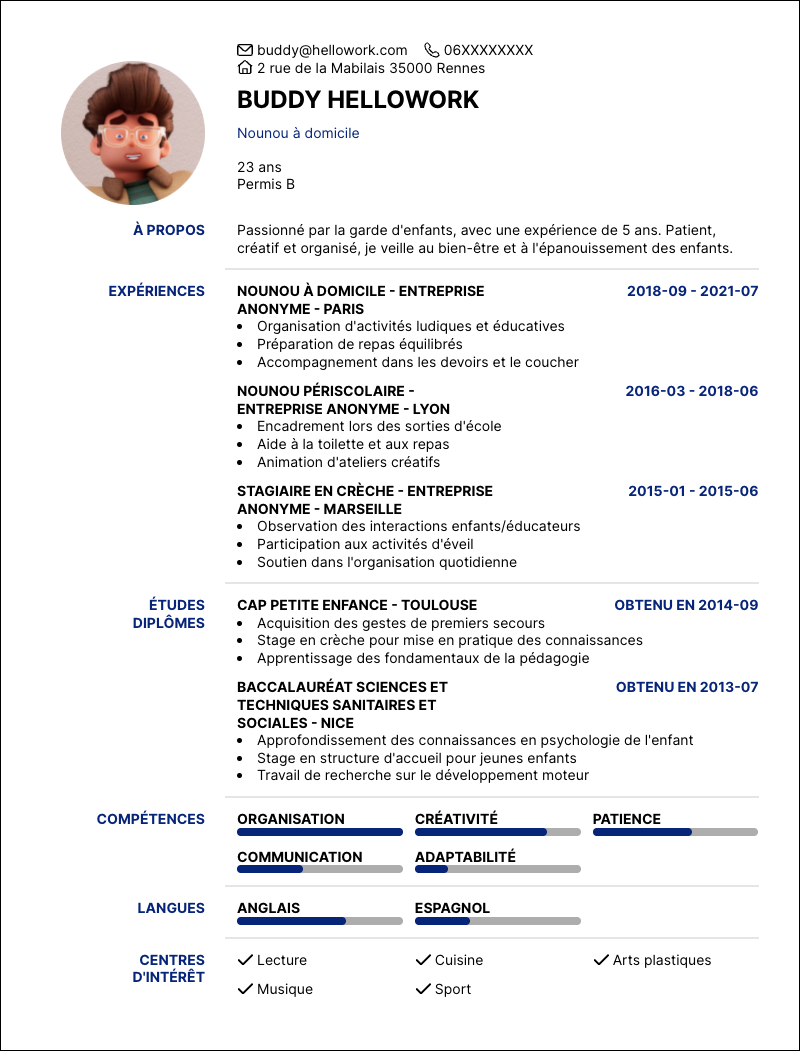 Modèle CV Nounou Exemple CV Nounou