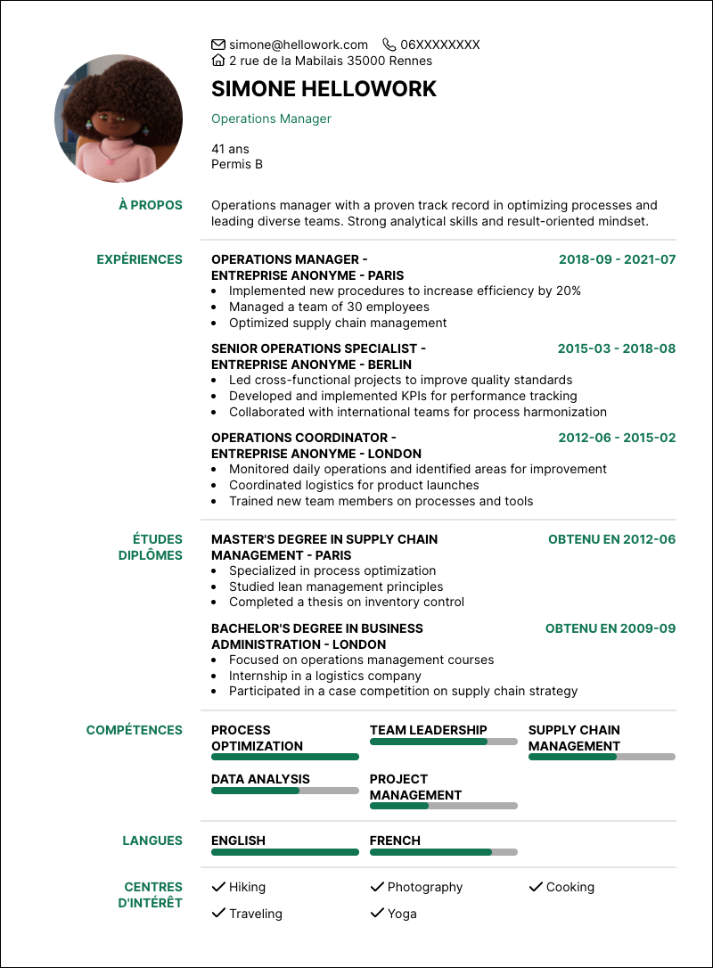 Modèle CV Operations manager Exemple CV Operations manager
