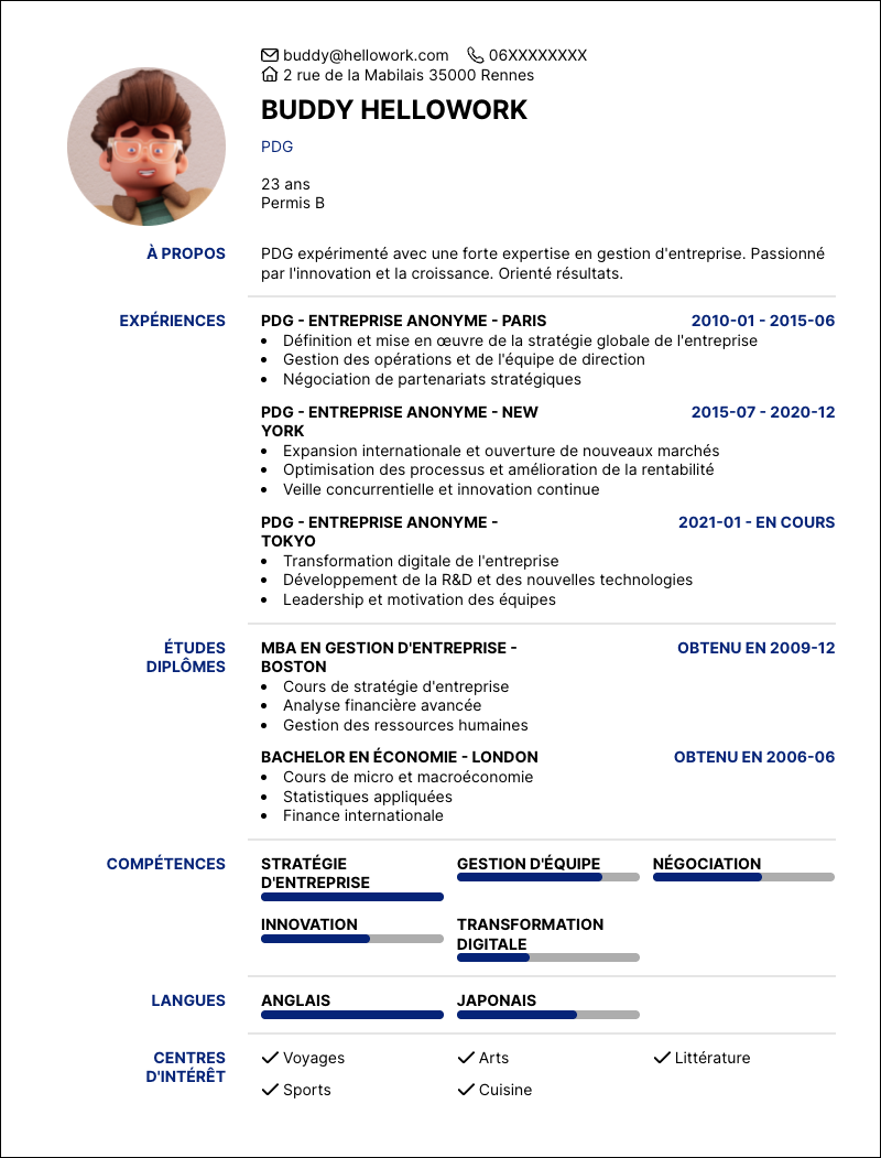 Modèle CV PDG Exemple CV PDG