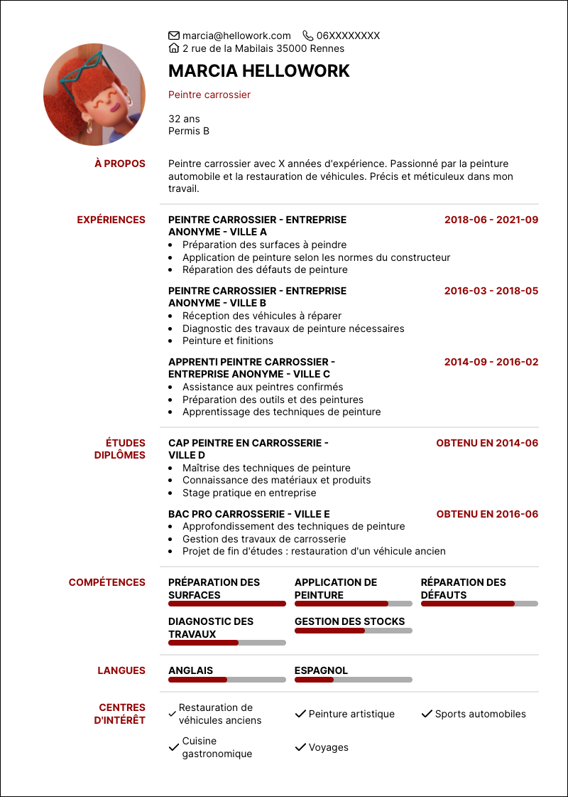 Modèle CV Peintre carrossier Exemple CV Peintre carrossier