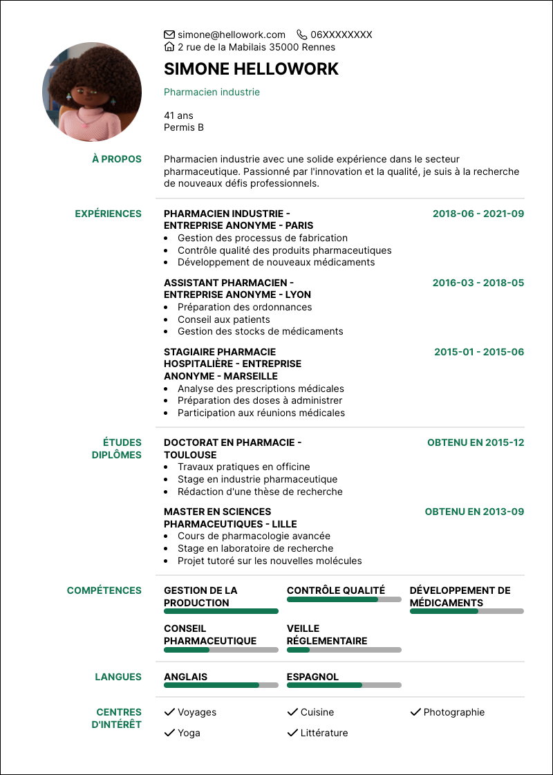 Modèle CV Pharmacien industrie Exemple CV Pharmacien industrie