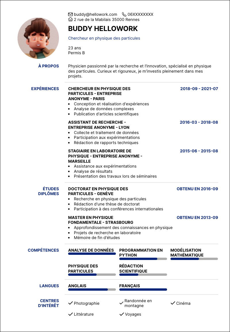 Modèle CV Physicien Exemple CV Physicien