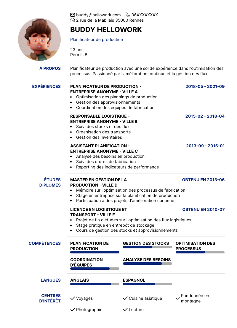 Modèle CV Planificateur de production Exemple CV Planificateur de production