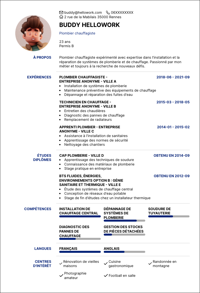 Modèle CV Plombier chauffagiste Exemple CV Plombier chauffagiste