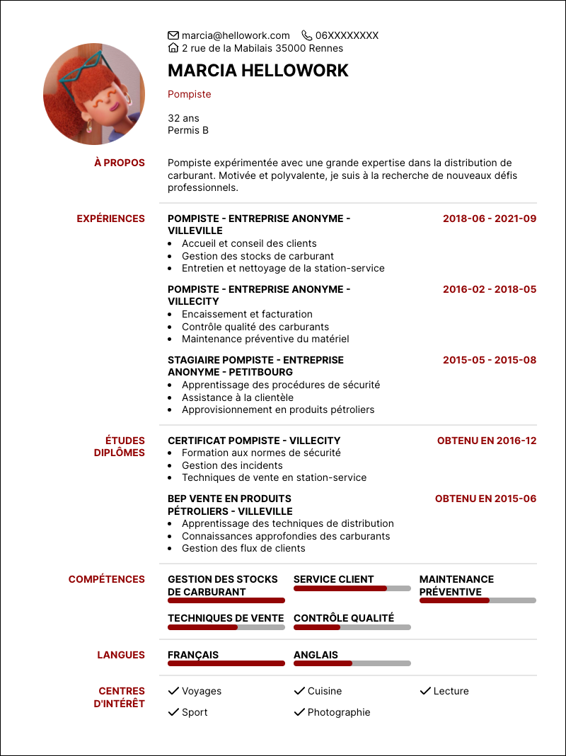 Exemple CV Pompiste