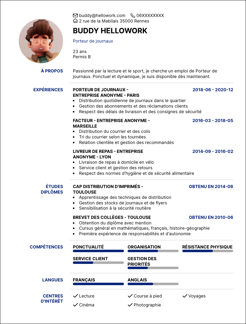 Modèle CV Porteur de journaux Exemple CV Porteur de journaux