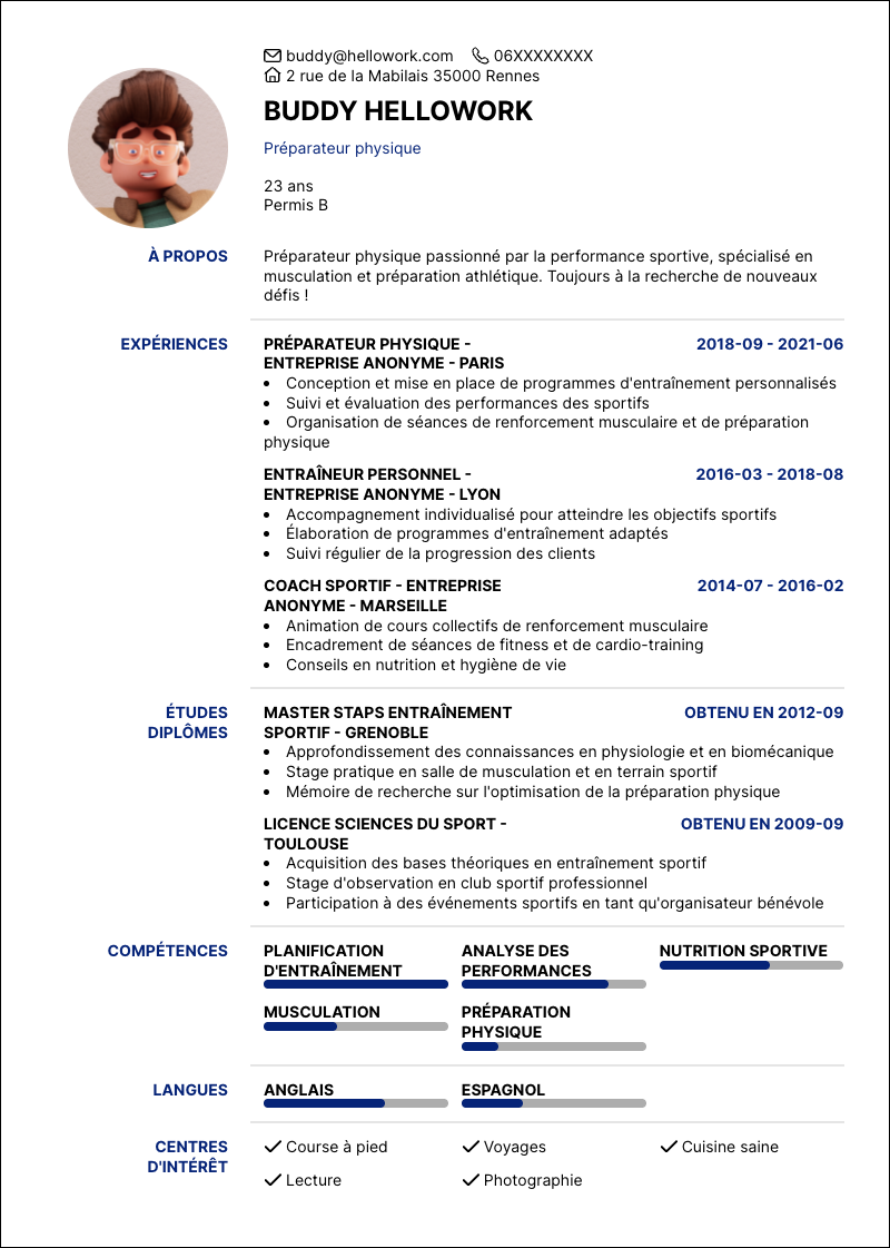 Modèle CV Préparateur physique Exemple CV Préparateur physique