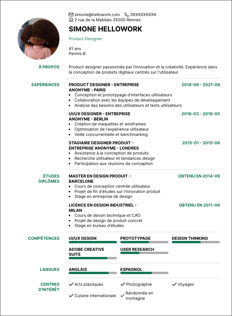Modèle CV Product designer Exemple CV Product designer
