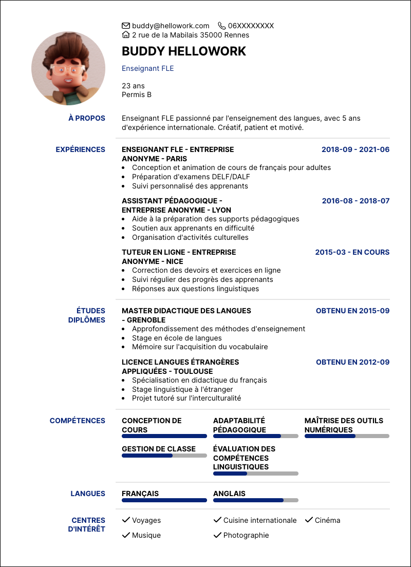 Modèle CV Professeur FLE Exemple CV Professeur FLE