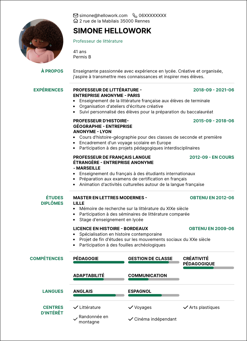 Exemple CV Professeur lycée