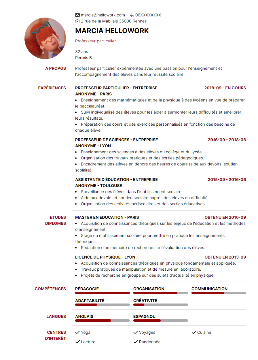 Exemple CV Professeur particulier | Hellowork