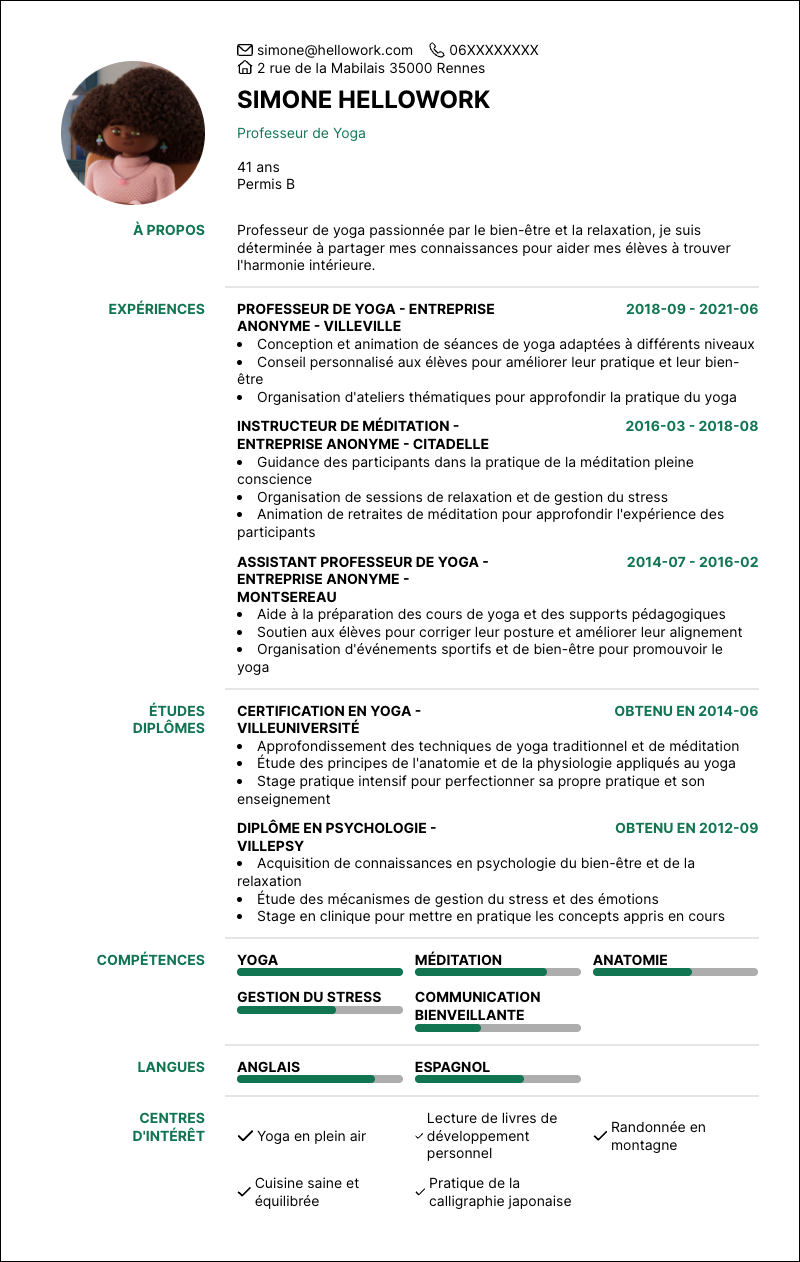 Modèle CV Professeur de yoga Exemple CV Professeur de yoga