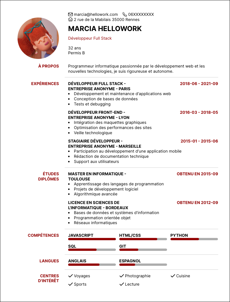 Modèle CV Programmeur informatique Exemple CV Programmeur informatique