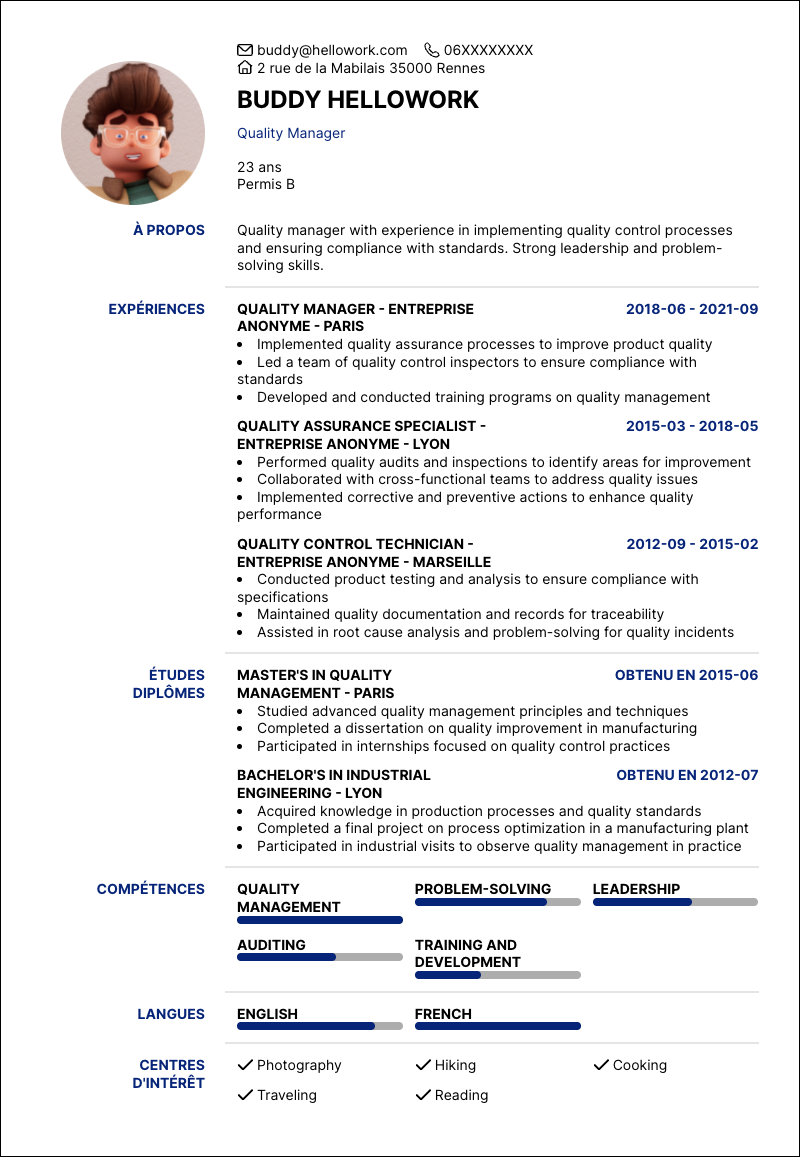 Modèle CV Quality manager Exemple CV Quality manager