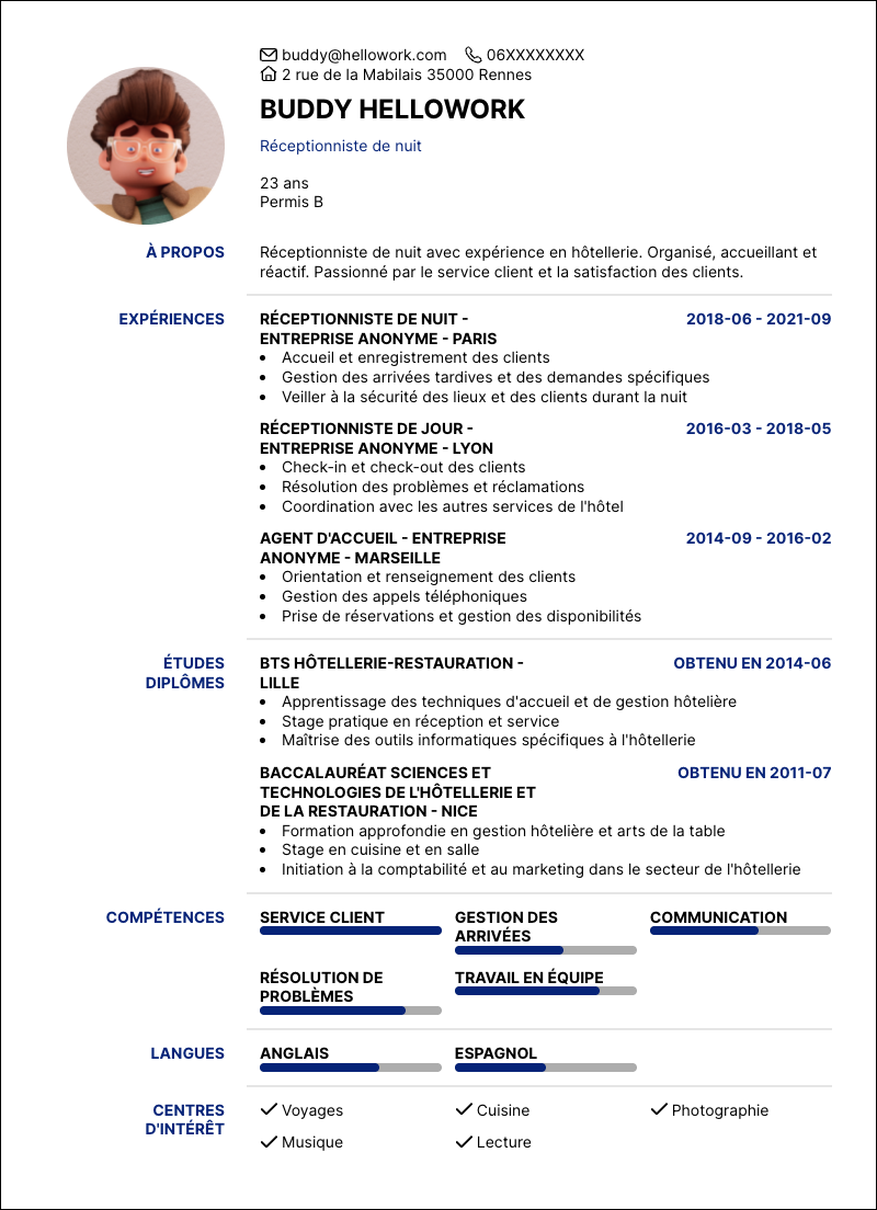Modèle CV Réceptionniste de nuit Exemple CV Réceptionniste de nuit