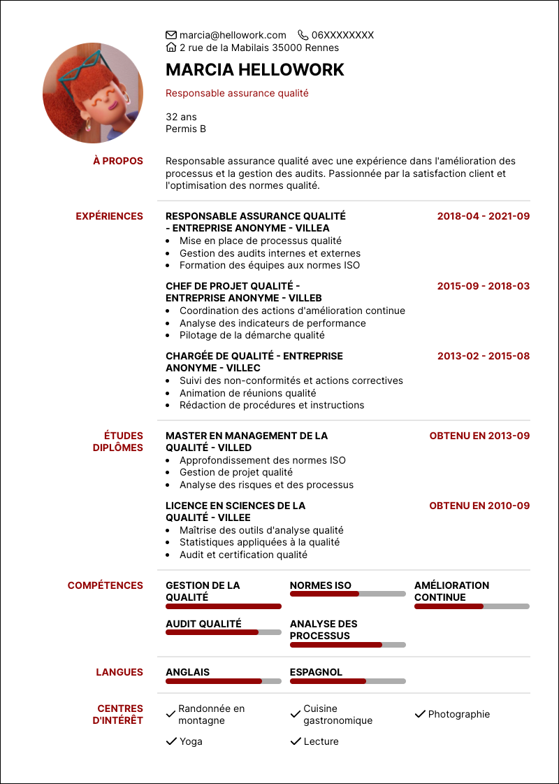 Modèle CV Responsable assurance qualité Exemple CV Responsable assurance qualité