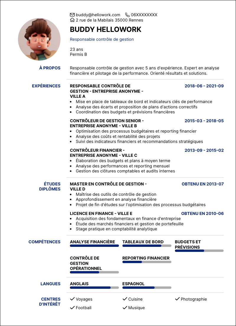 Modèle CV Responsable contrôle de gestion Exemple CV Responsable contrôle de gestion