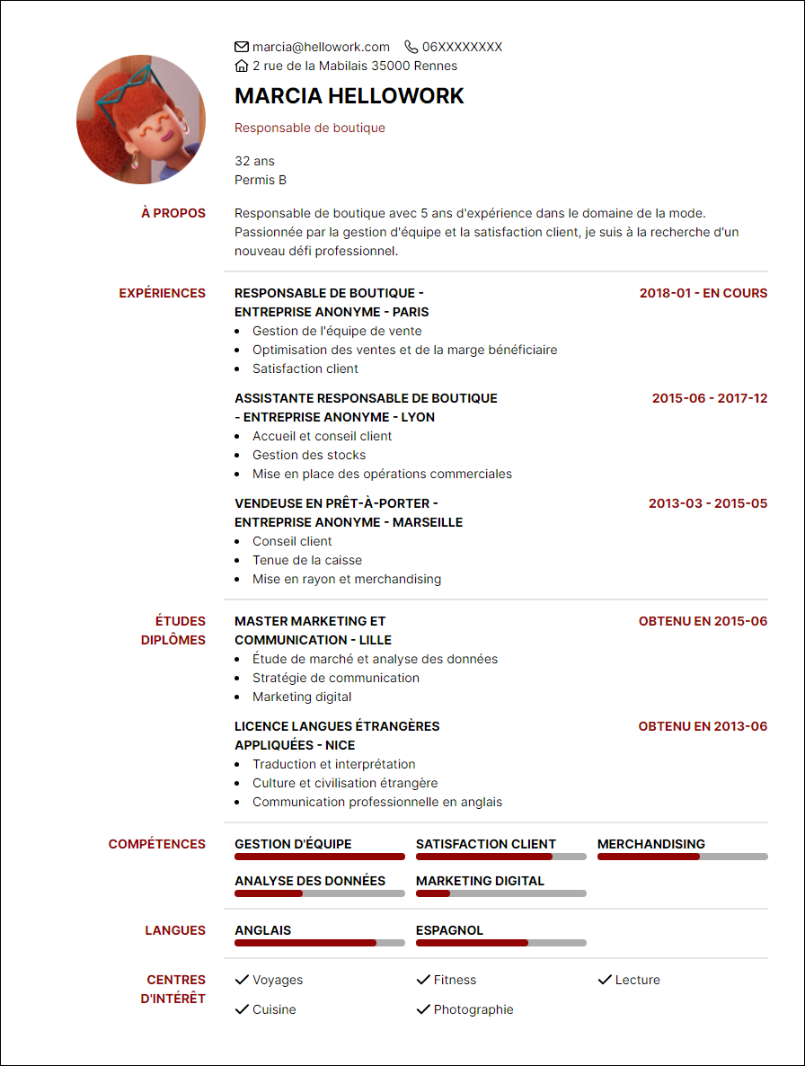 Exemple CV Responsable de boutique | Hellowork