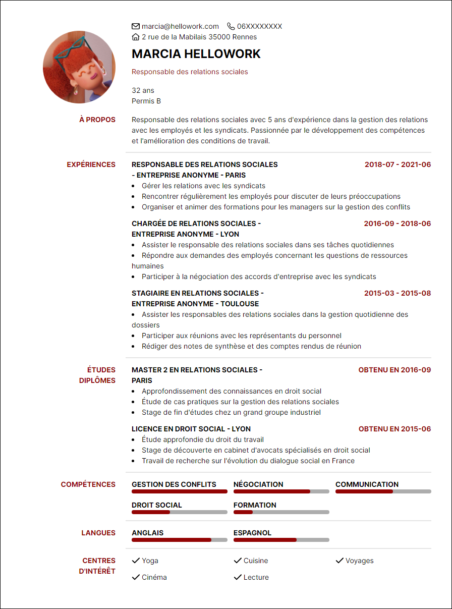 Exemple CV Responsable des relations sociales | Hellowork