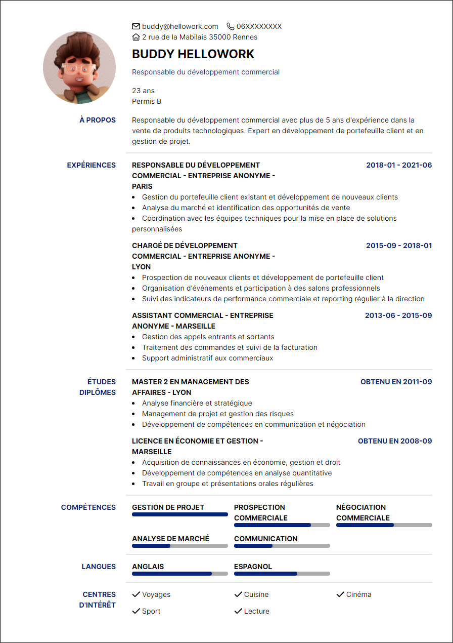 Exemple CV Responsable de développement commercial | Hellowork