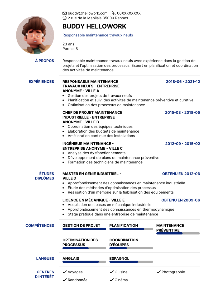 Modèle CV Responsable maintenance travaux neufs Exemple CV Responsable maintenance travaux neufs