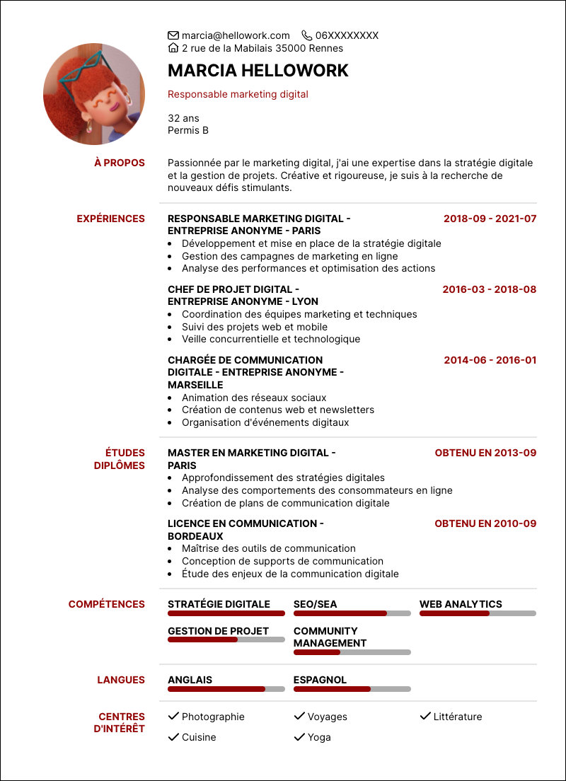 Modèle CV Responsable marketing digital Exemple CV Responsable marketing digital