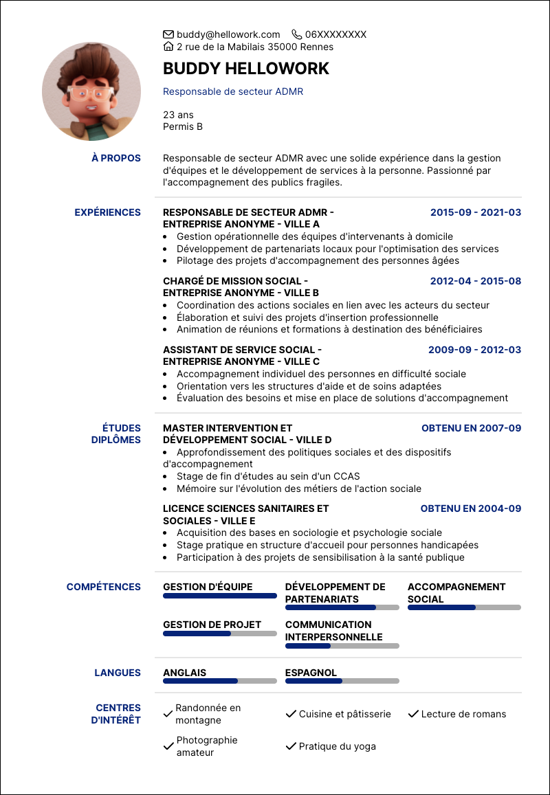 Modèle CV Responsable de secteur ADMR Exemple CV Responsable de secteur ADMR
