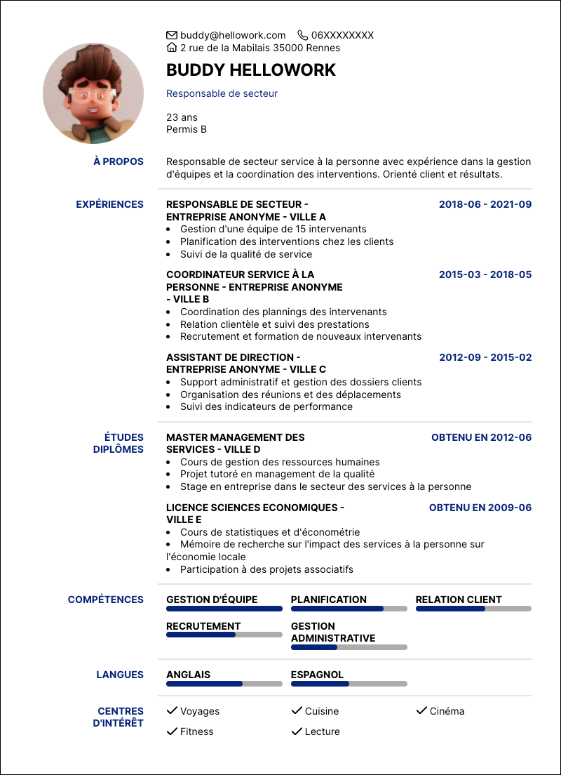 Modèle CV Responsable de secteur service à la personne Exemple CV Responsable de secteur service à la personne
