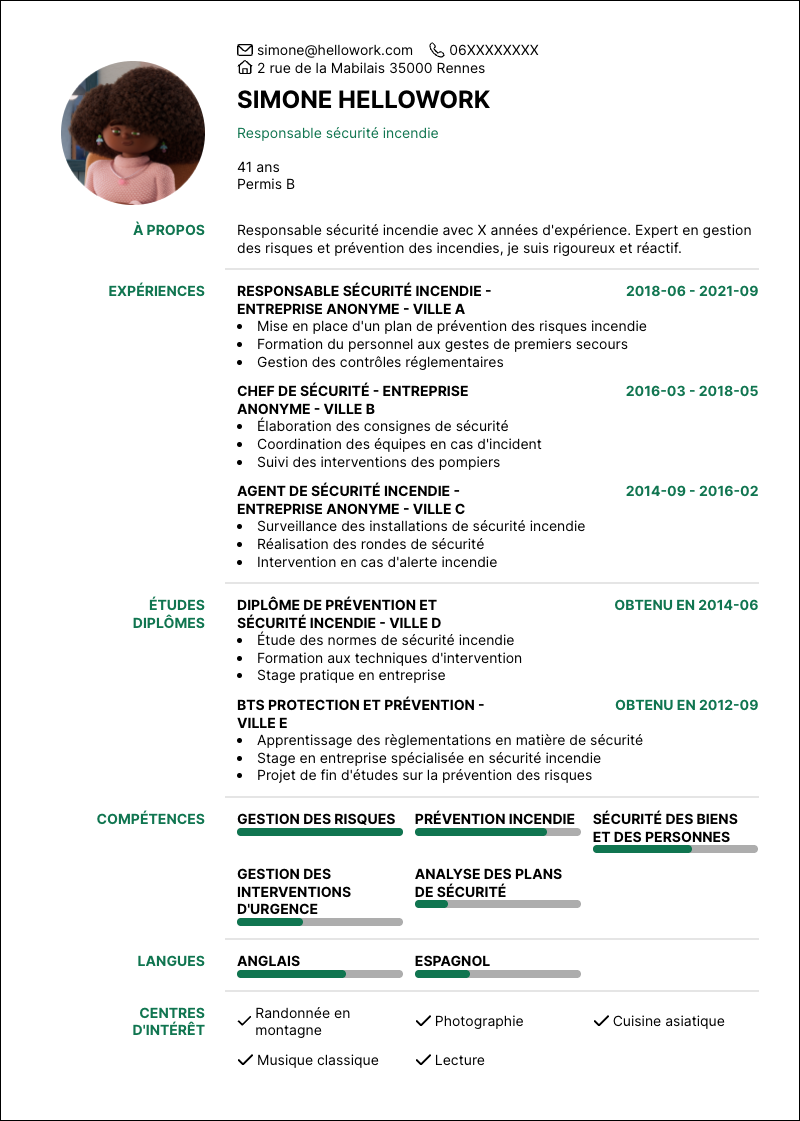 Modèle CV Responsable sécurité incendie Exemple CV Responsable sécurité incendie