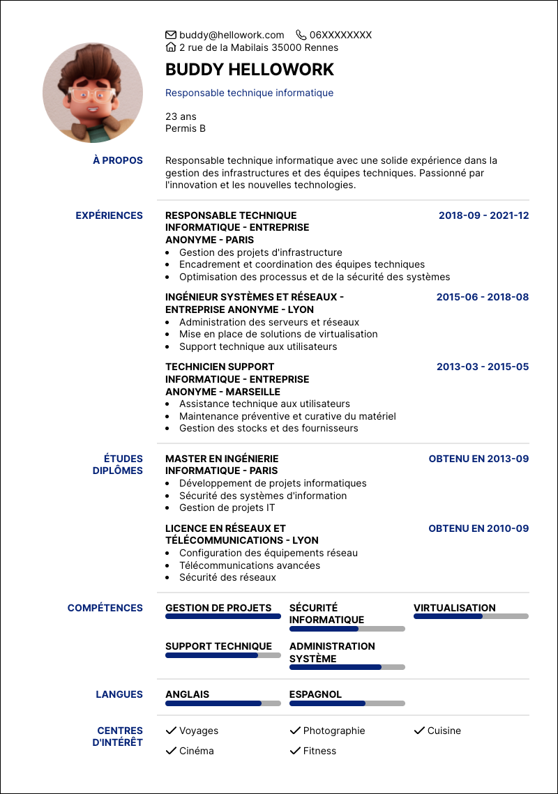 Modèle CV Responsable technique informatique Exemple CV Responsable technique informatique
