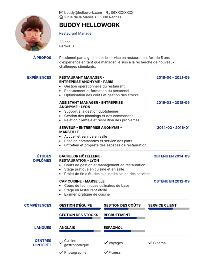 Modèle CV Restaurant manager Exemple CV Restaurant manager