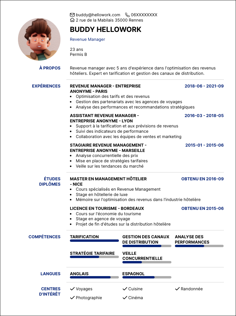 Modèle CV Revenue manager Exemple CV Revenue manager