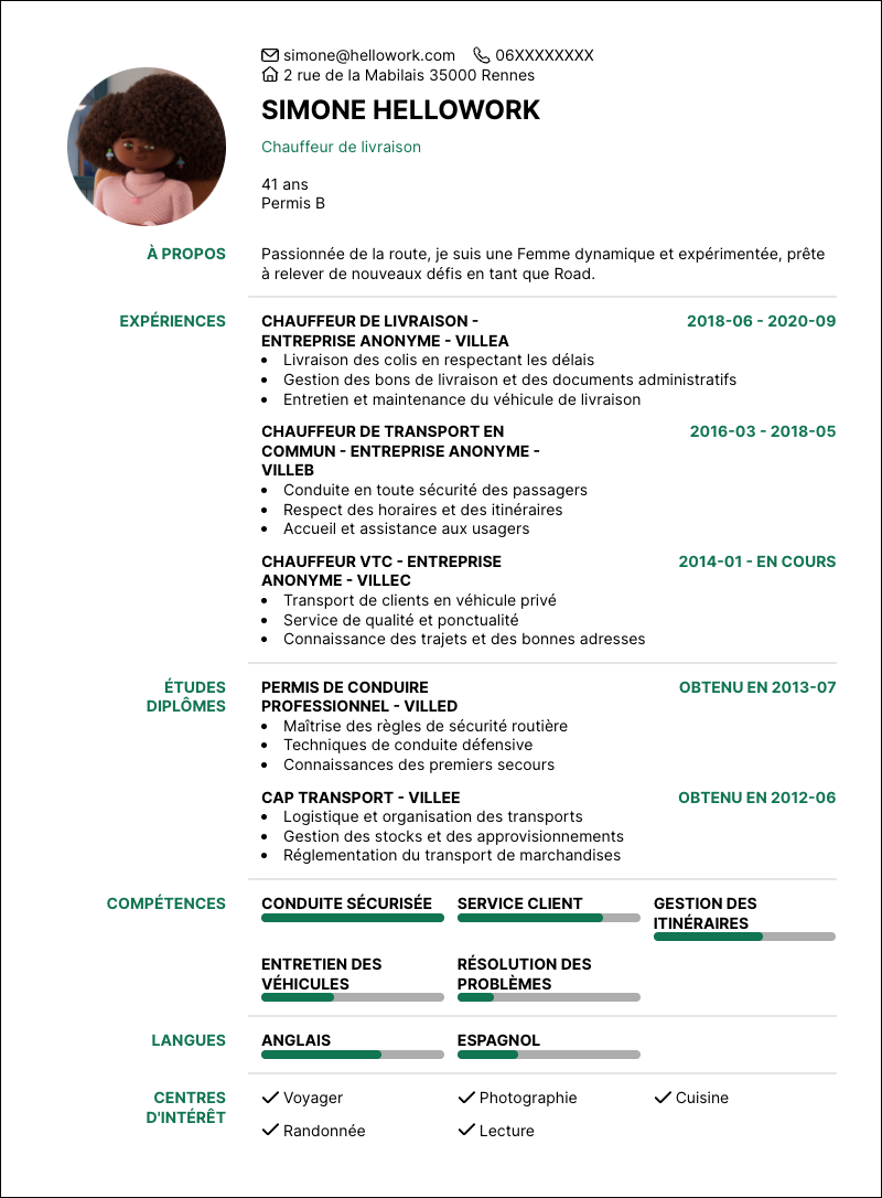 Modèle CV Road Exemple CV Road