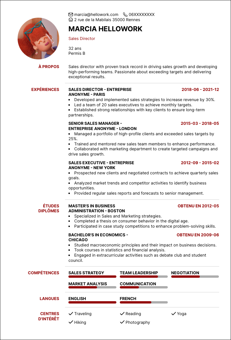 Modèle CV Sales director Exemple CV Sales director