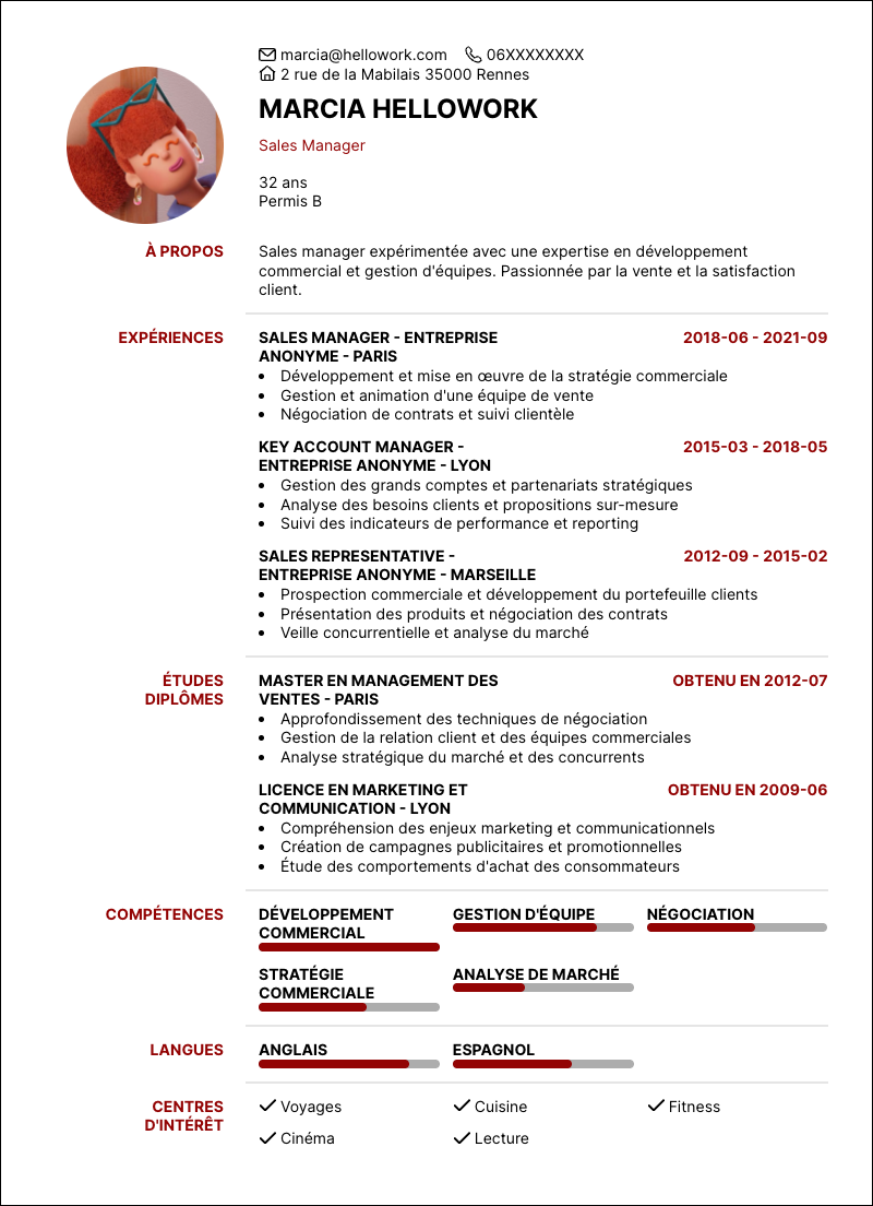 Modèle CV Sales manager Exemple CV Sales manager