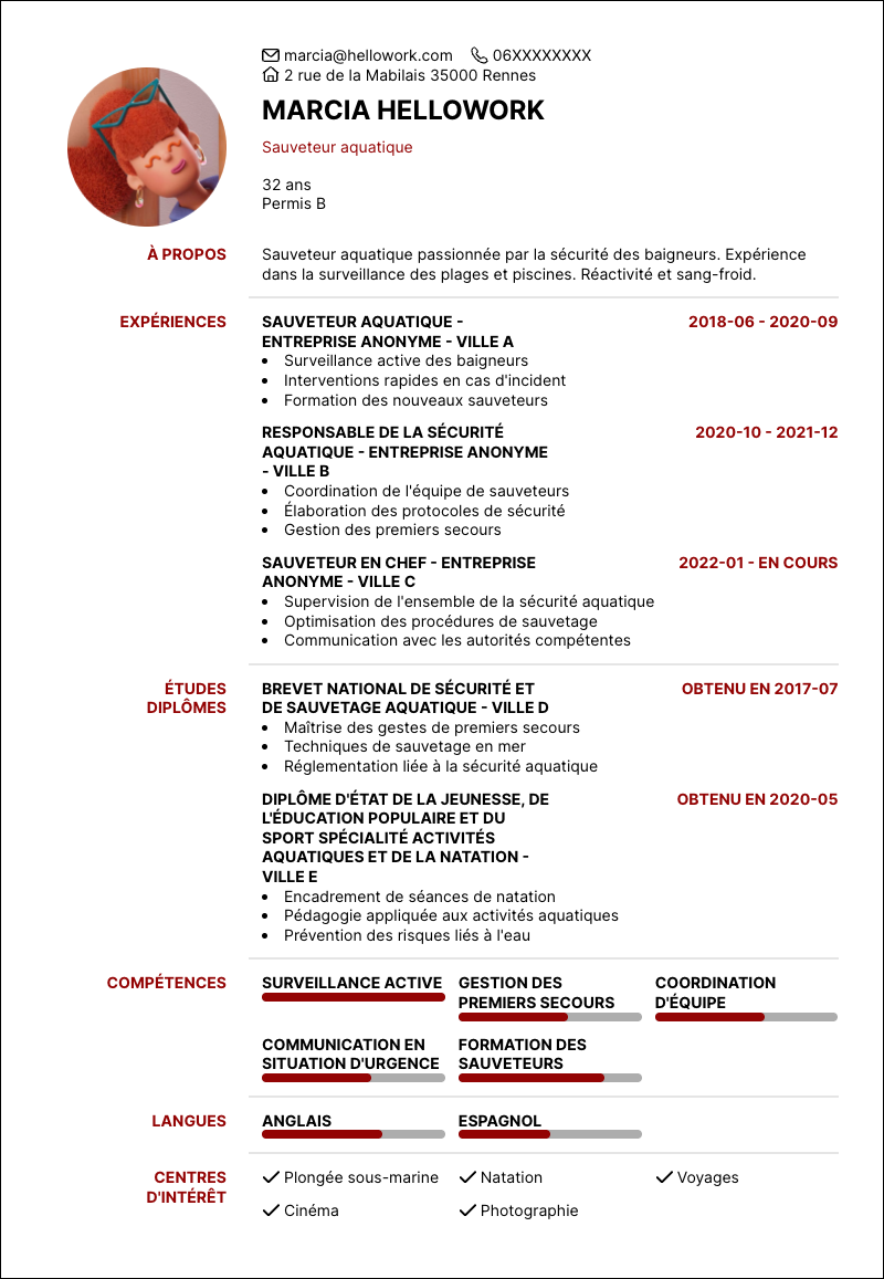 Modèle CV Sauveteur aquatique Exemple CV Sauveteur aquatique