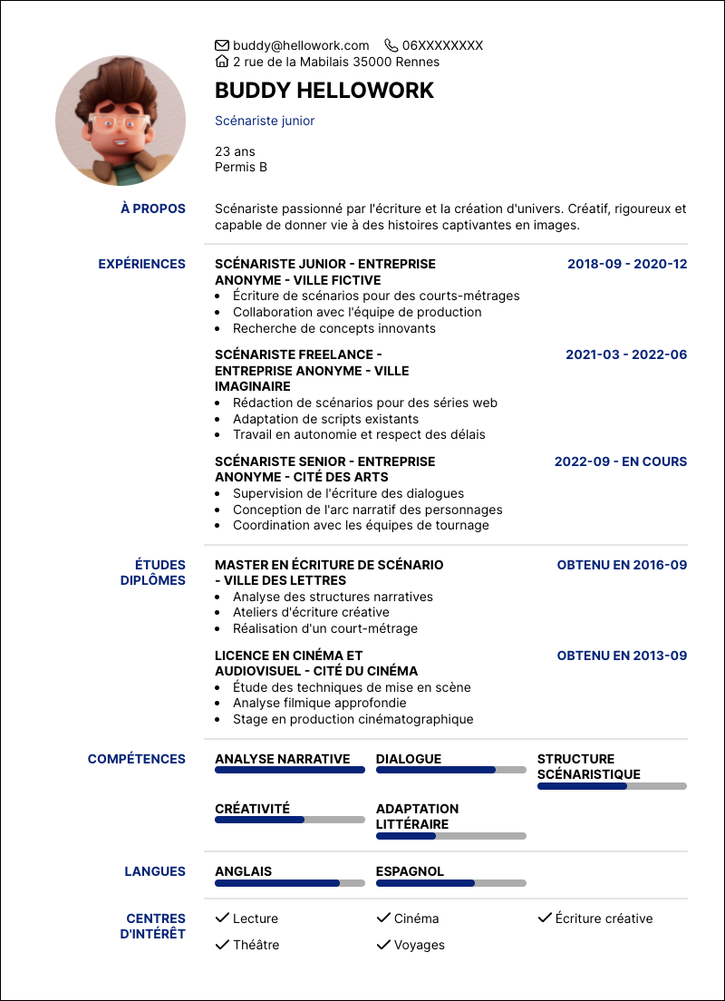 Modèle CV Scénariste Exemple CV Scénariste