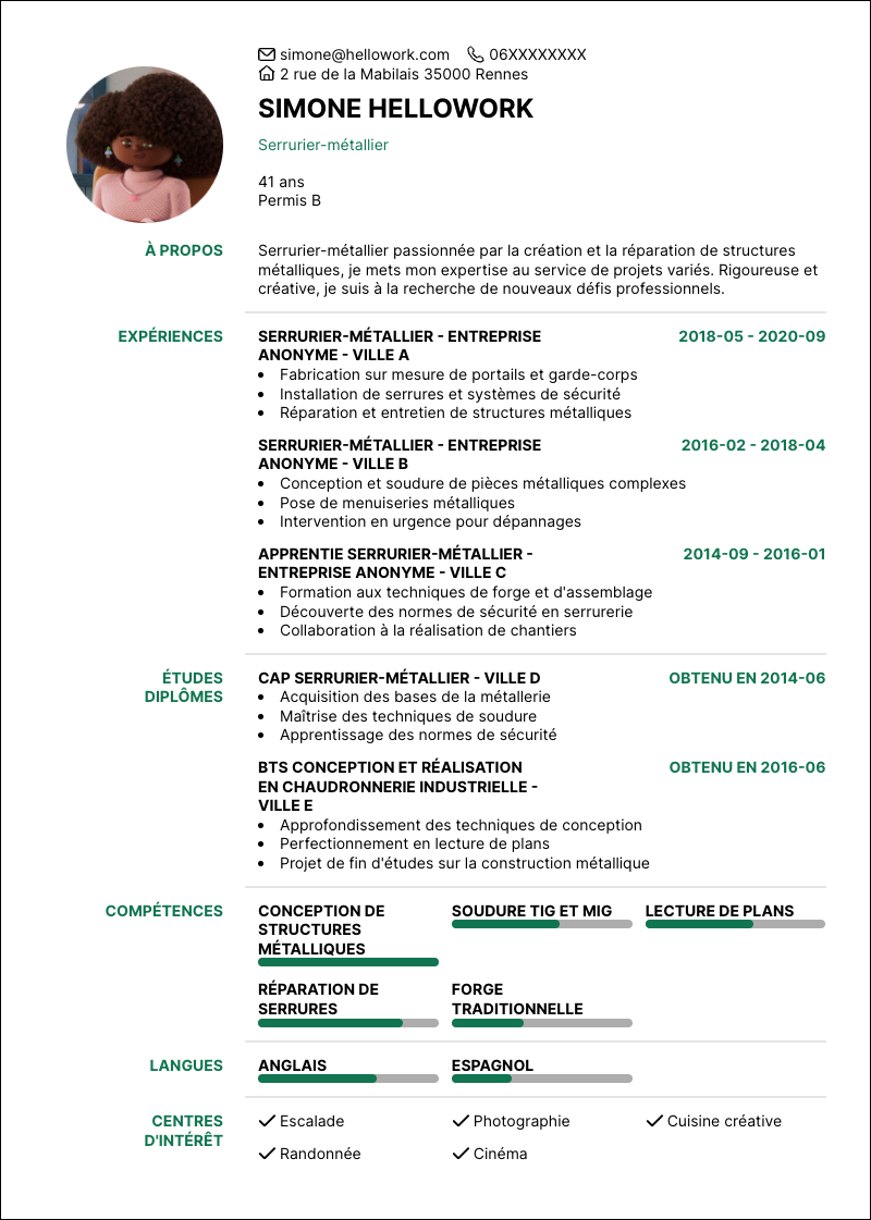 Modèle CV Serrurier-métallier Exemple CV Serrurier-métallier