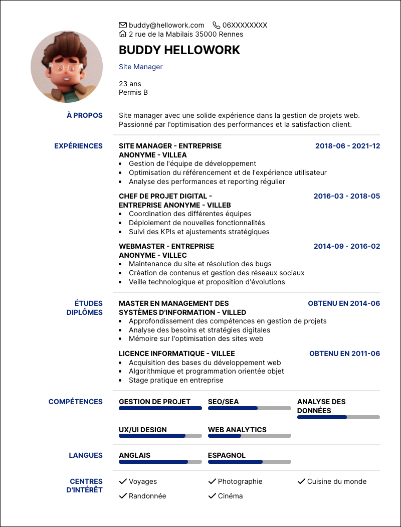 Modèle CV Site manager Exemple CV Site manager