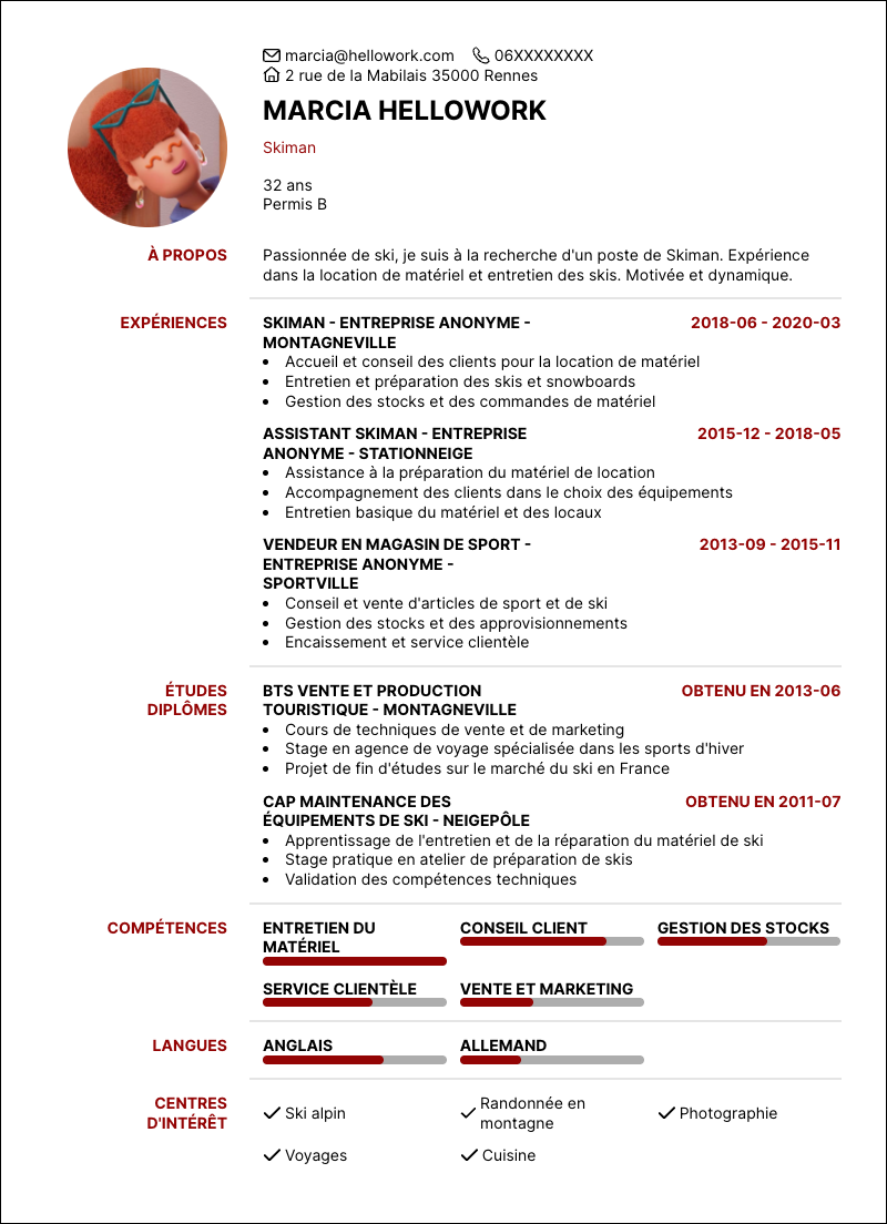Modèle CV Skiman Exemple CV Skiman