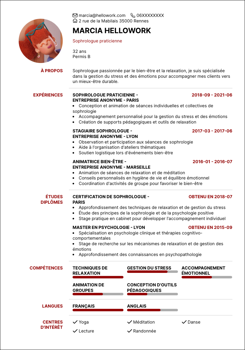 Exemple CV Sophrologue