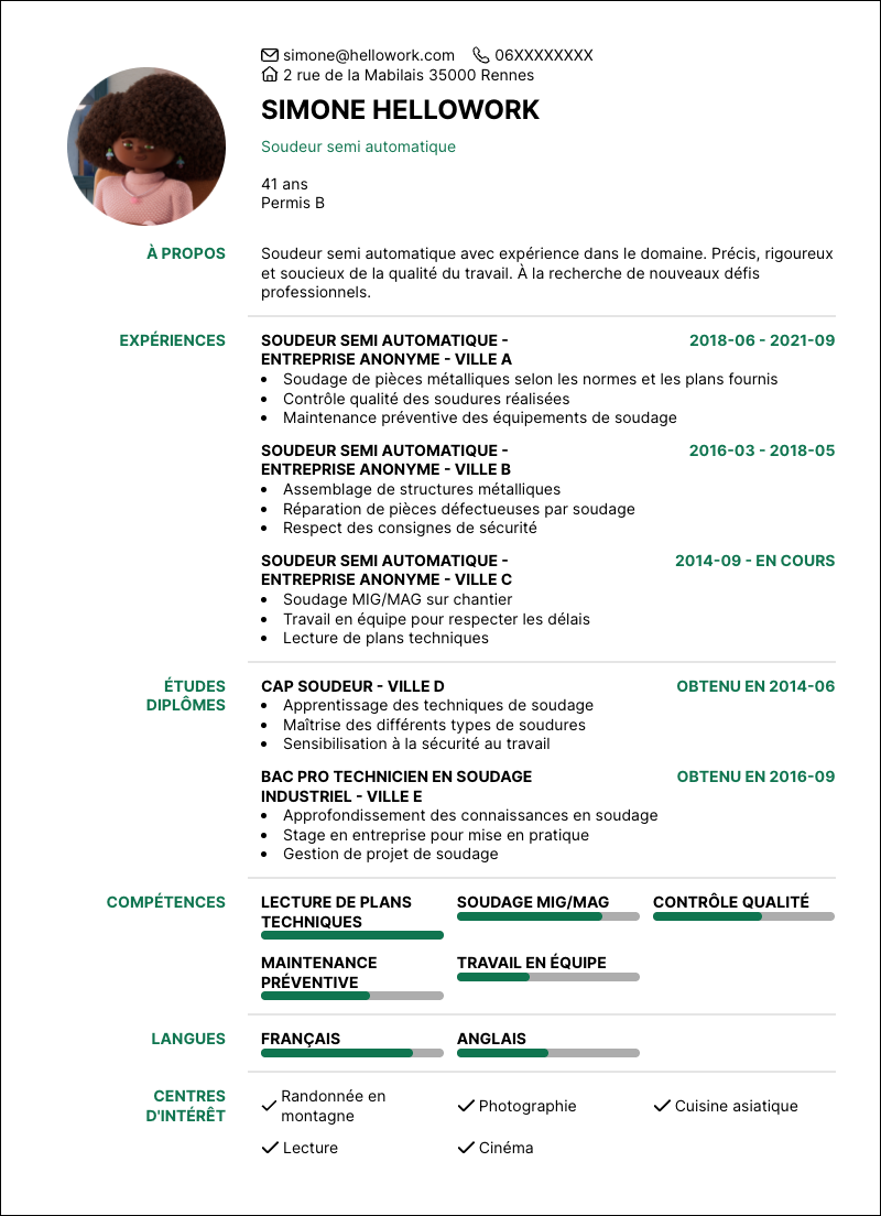 Modèle CV Soudeur semi automatique Exemple CV Soudeur semi automatique