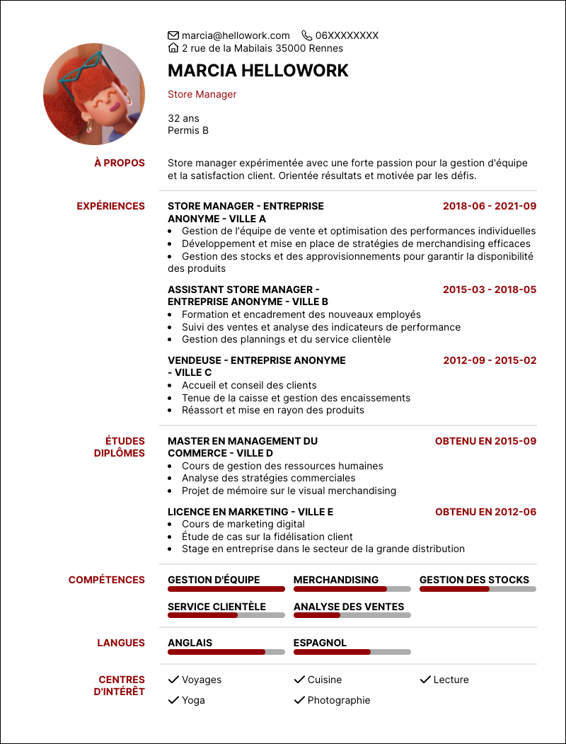 Modèle CV Store manager Exemple CV Store manager
