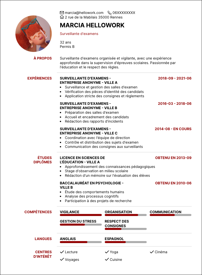 Modèle CV Surveillant d'examens Exemple CV Surveillant d'examens