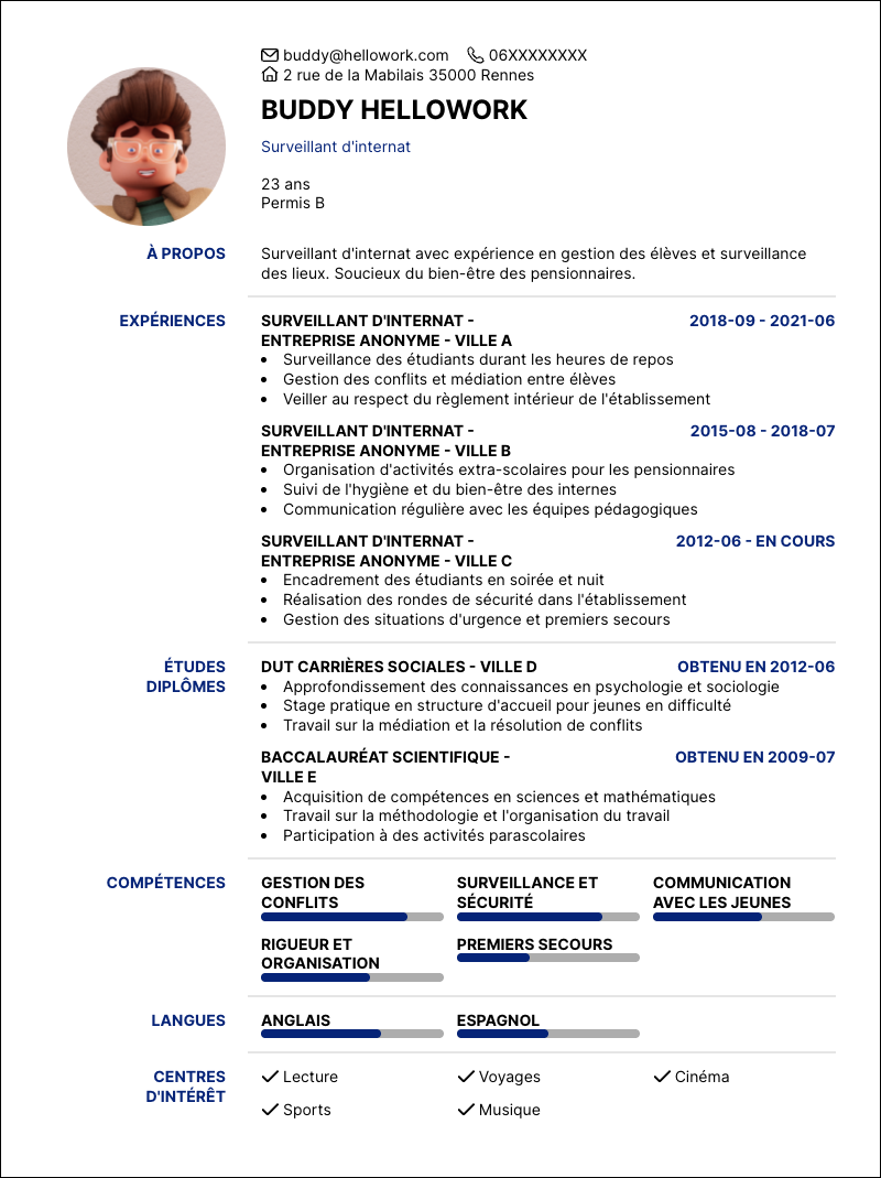 Exemple CV Surveillant d'internat