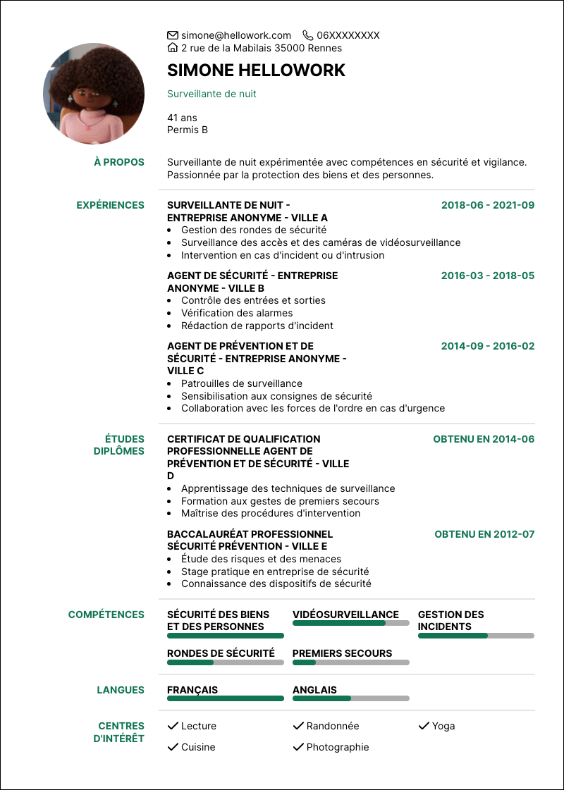 Modèle CV Surveillant de nuit Exemple CV Surveillant de nuit