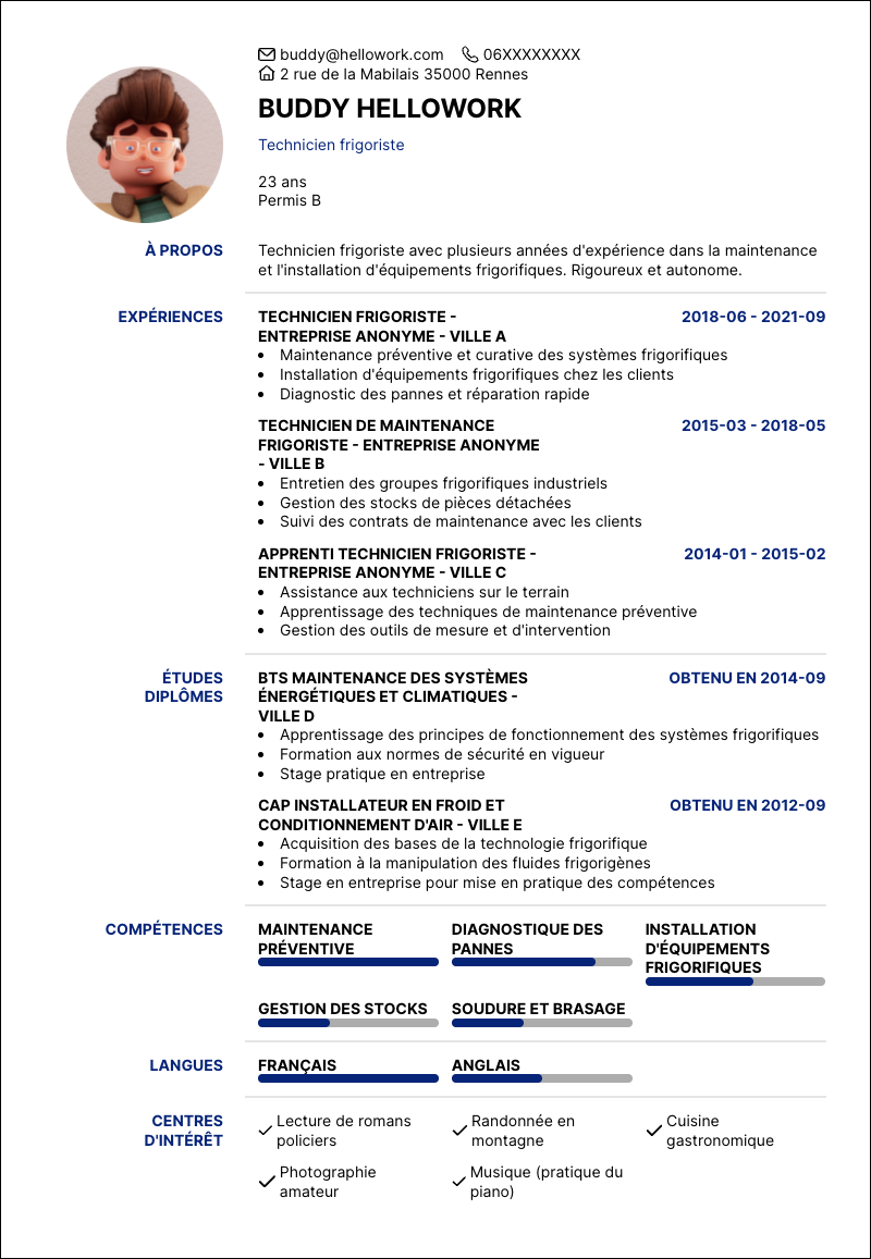 Modèle CV Technicien frigoriste Exemple CV Technicien frigoriste