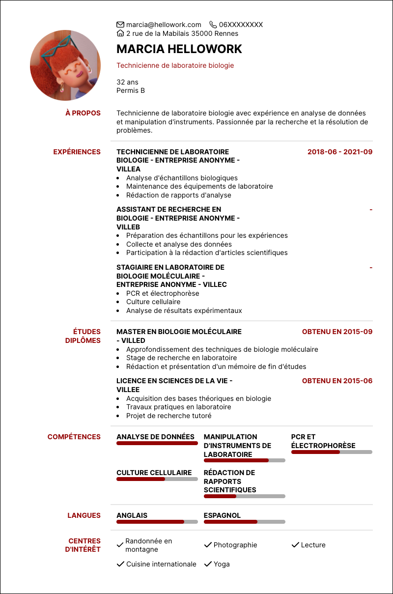 Modèle CV Technicien de laboratoire biologie Exemple CV Technicien de laboratoire biologie